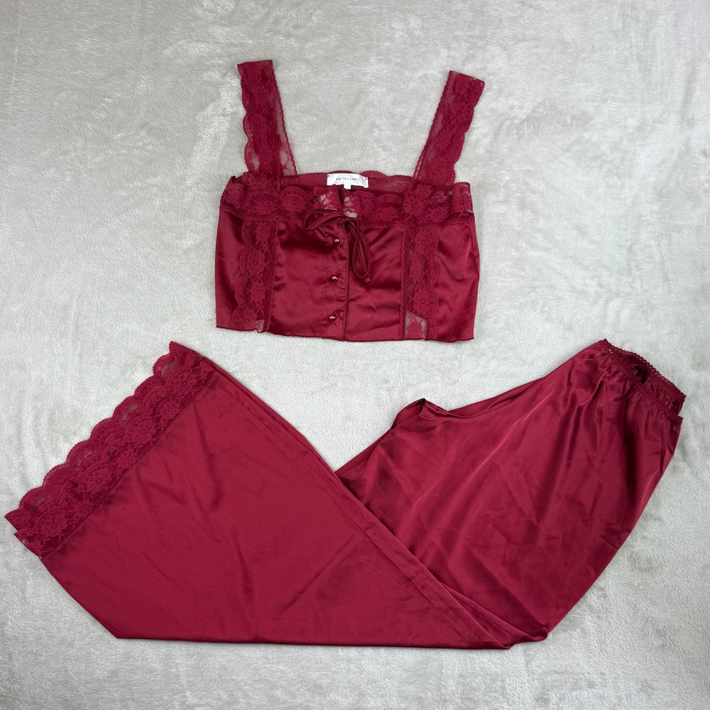 Kat The Label Cindy Pajama Set Women S Red Satin Lace Cami Pants Luxe READ
